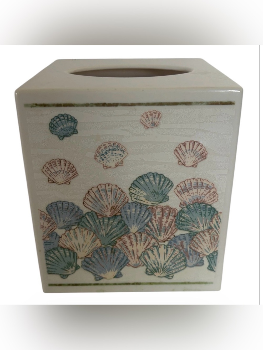 Seashell Ceramic Tissue Box Cover in Blue, Green, Tan